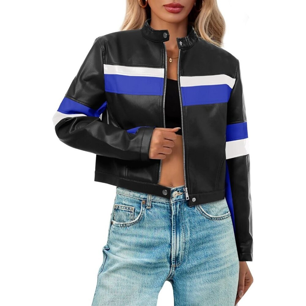Women's Cropped Moto Biker Jackets Faux Leather Bomber Jacket Racing Black Blue